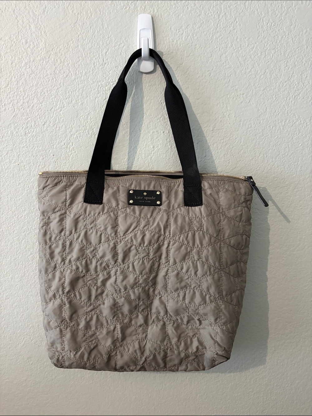 kate spade Quilted Taupe Medium Tote Bag Purse with Black Handles